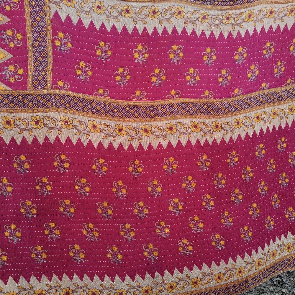 Kantha Quilt Dark Red Yellow Tan Premium 3 Layer 54" x 90" Cotton Handmade K109.